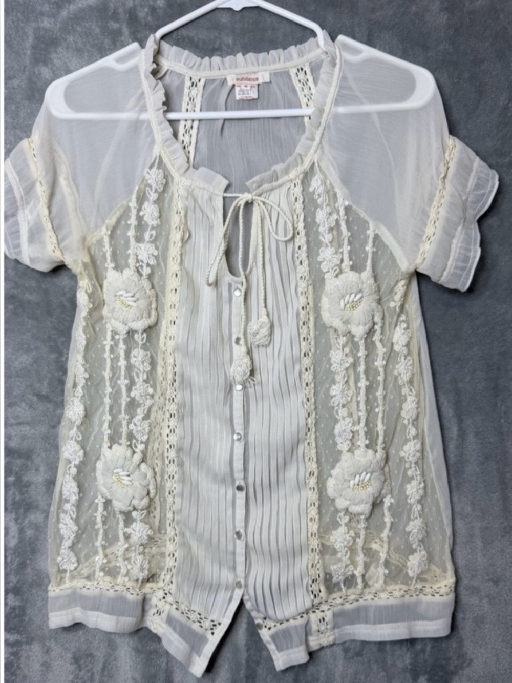 Sundance Cream Lace Embroidered Sheer Button-Front Blouse Sz M